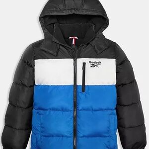 Kid's Reebok Coat-Black, White and Blue Colorblock Puffer Jacket